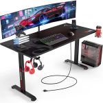 55" Gaming Desk – T-Shaped Computer Desk with Carbon Fiber Surface, Full Mouse Pad & Headphone Hook