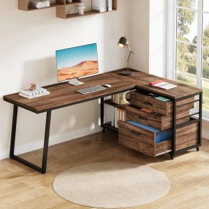53" L-Shaped Office Desk – Reversible Computer Desk with 3 File Drawers & 2 Storage Shelves for Home Office, Study, or Gaming Room