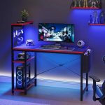 Gaming Desk with LED Lights – 44" PC Gamer Desk for Small Spaces with Reversible Storage Shelves & Side Storage