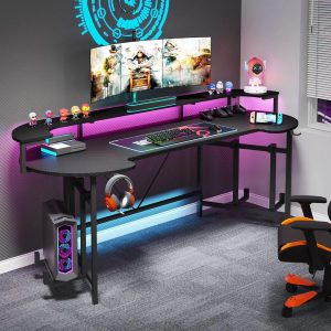 75-Inch Gaming Desk – Large Computer Desk with Monitor Shelf & RGB LED Lights for Bedroom or Home Office